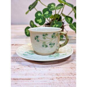 Vintage Belleek Shamrock Cup and Saucer Ireland, Irish Porcelain Tea Set Clover